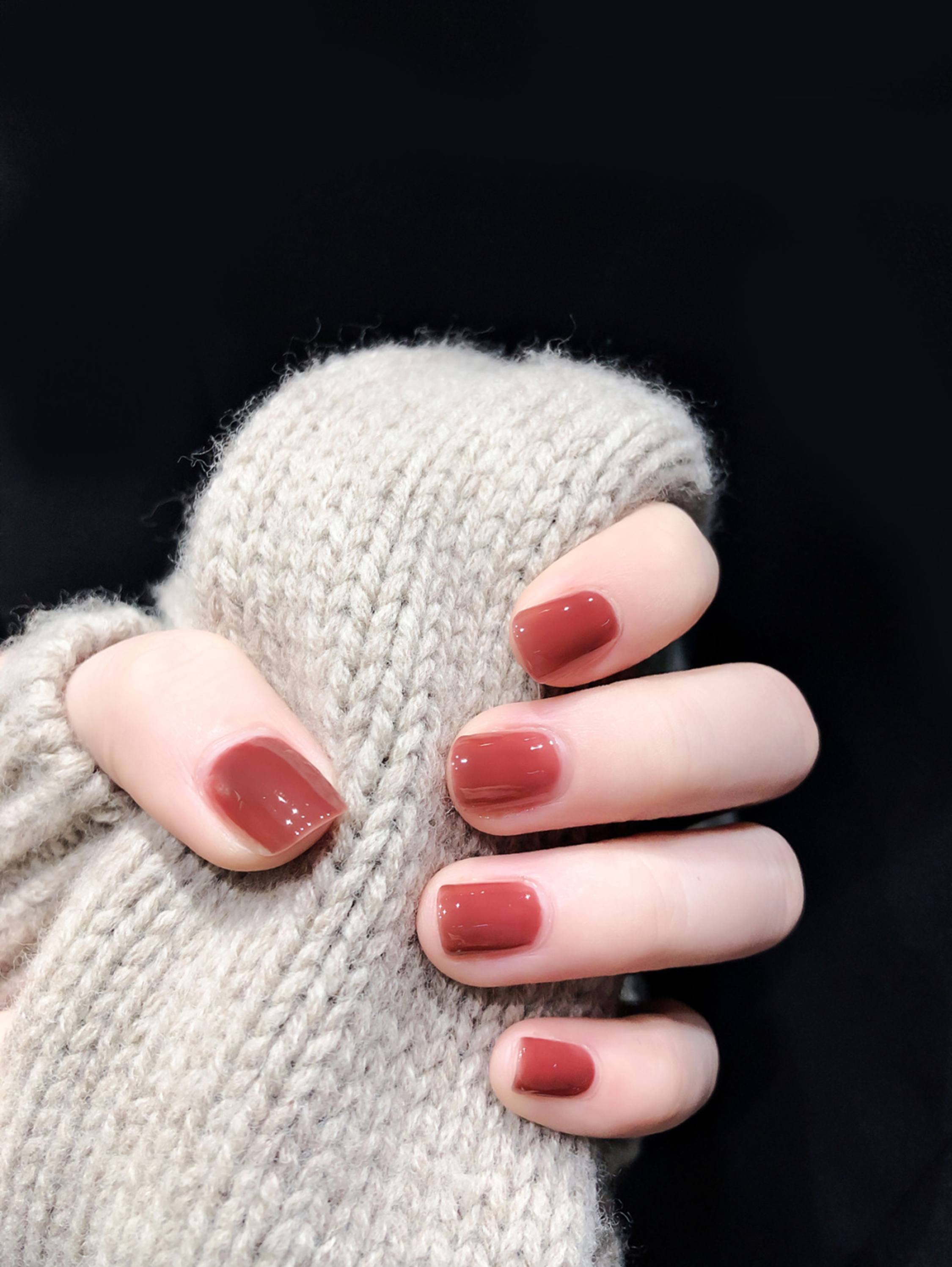 Dark Red Simple Short Square Nails shown as a nail art design with dark red, simple, elegant, square and short details.
