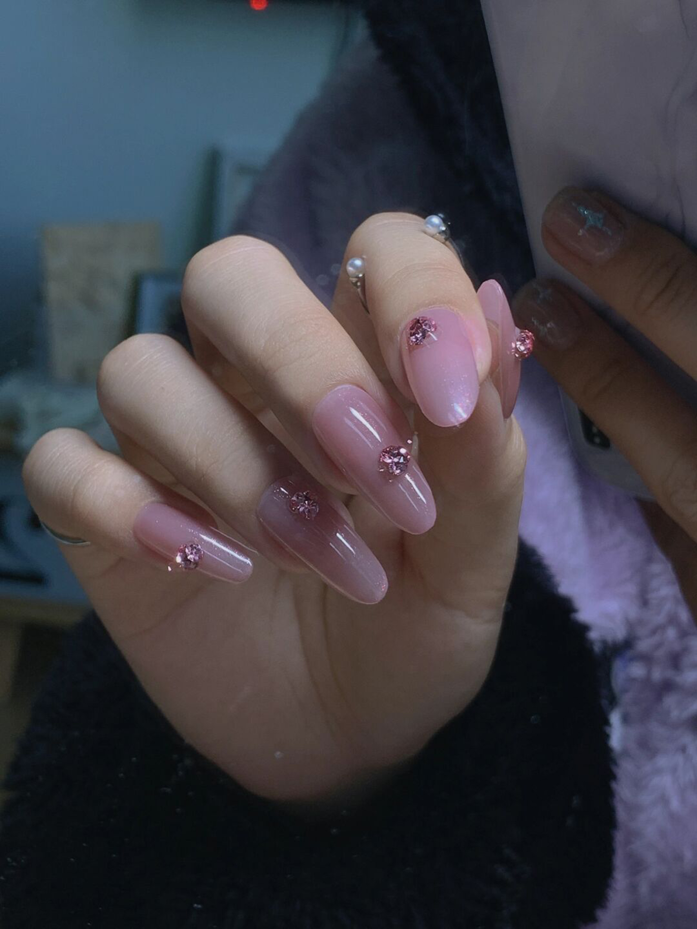 Pink Floral Long Almond Nails shown as a nail art design with pink, elegant, glitter, flower, almond and long details.