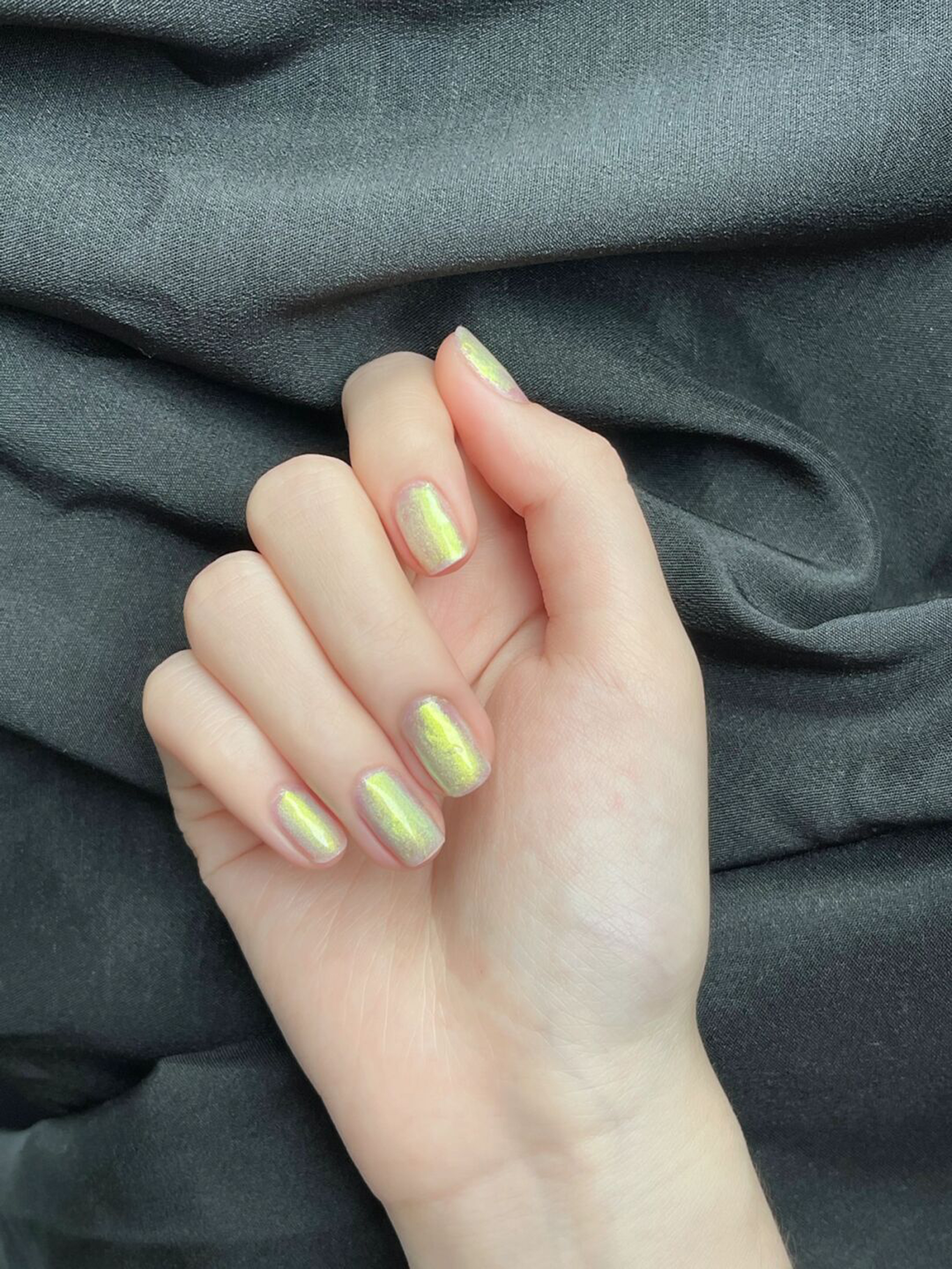 Yellow Chrome Short Nails shown as a nail art design with yellow, chrome and short details.
